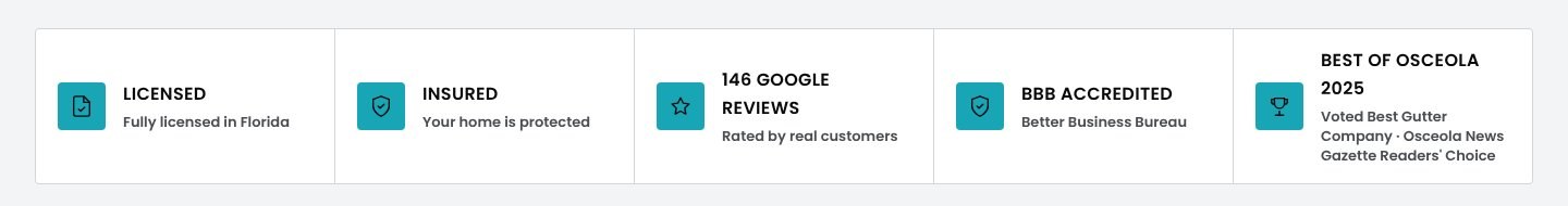 The All Seasons credentials row: licensed, insured, Google reviews, BBB accredited and Best of Osceola 2025