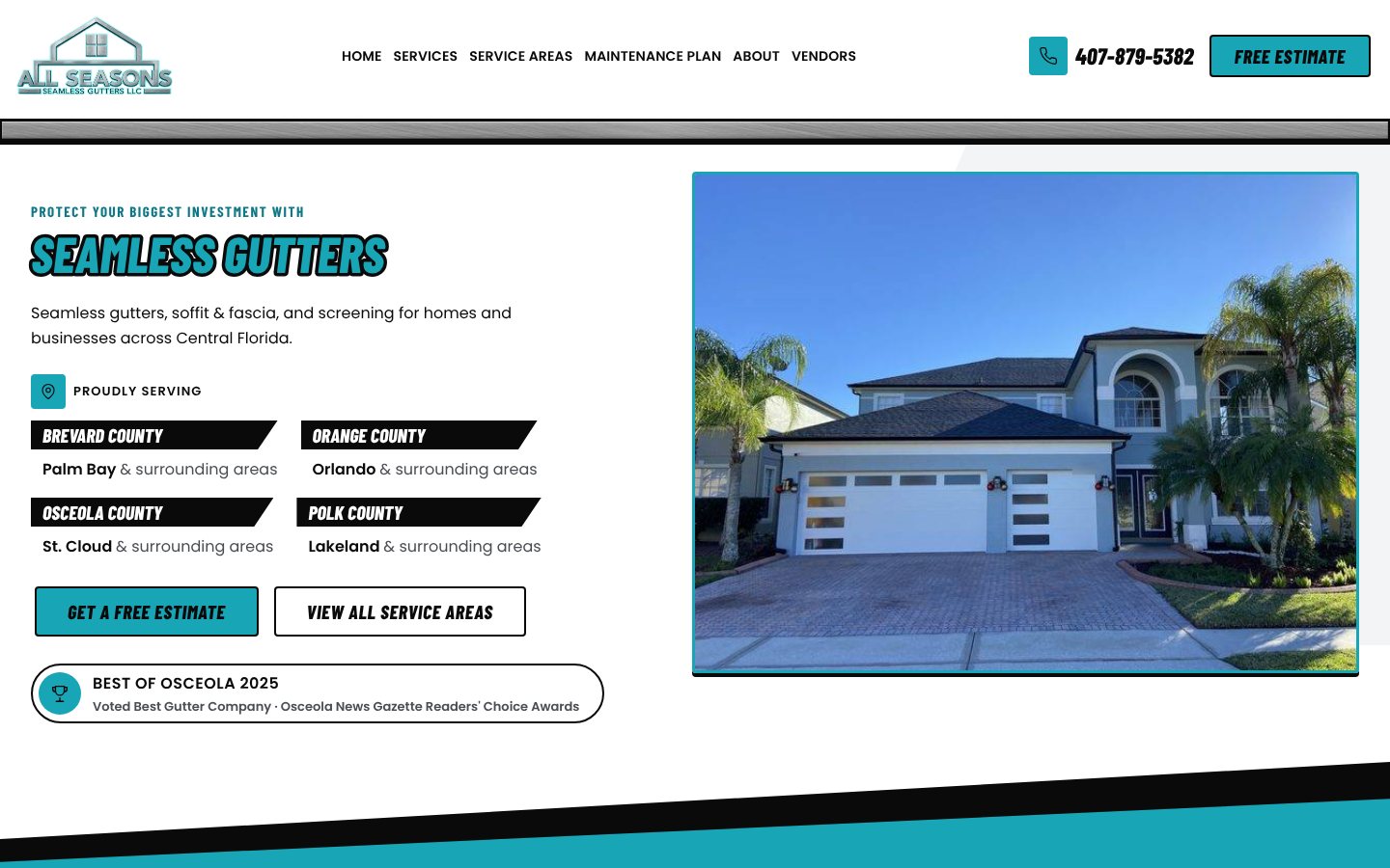 The All Seasons Seamless Gutters homepage on a desktop browser