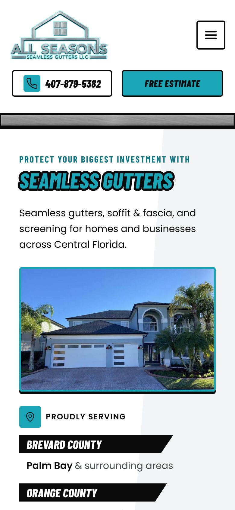The All Seasons Seamless Gutters homepage on a phone