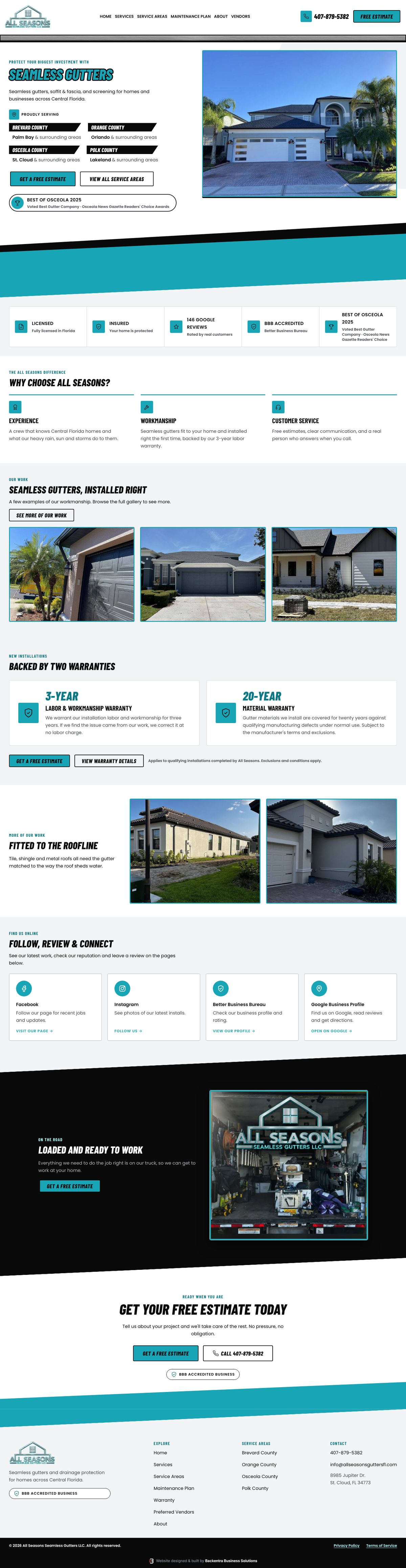 Full-length capture of the All Seasons Seamless Gutters homepage, from the opening section to the footer