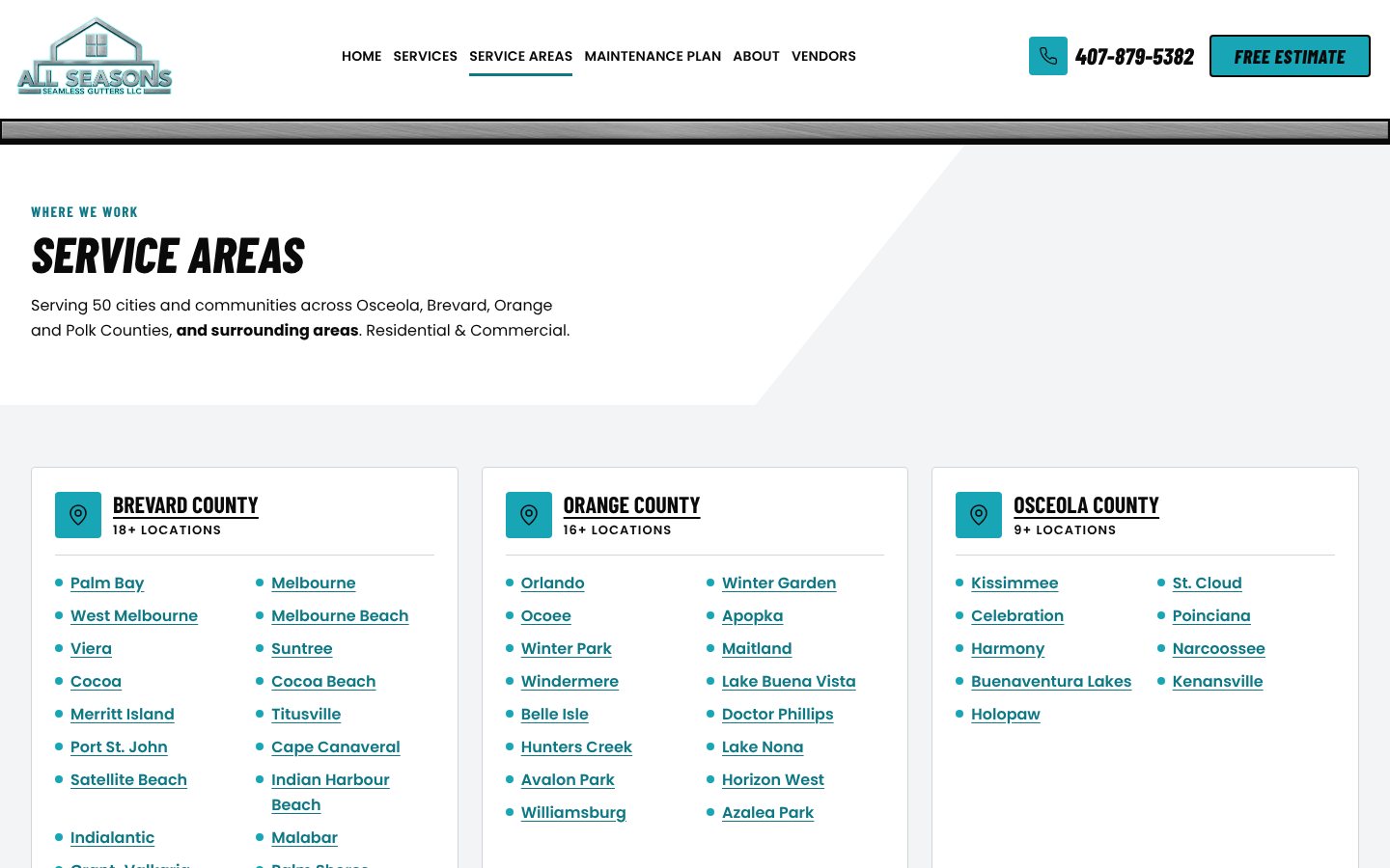The All Seasons Service Areas page listing cities under Brevard, Orange and Osceola counties