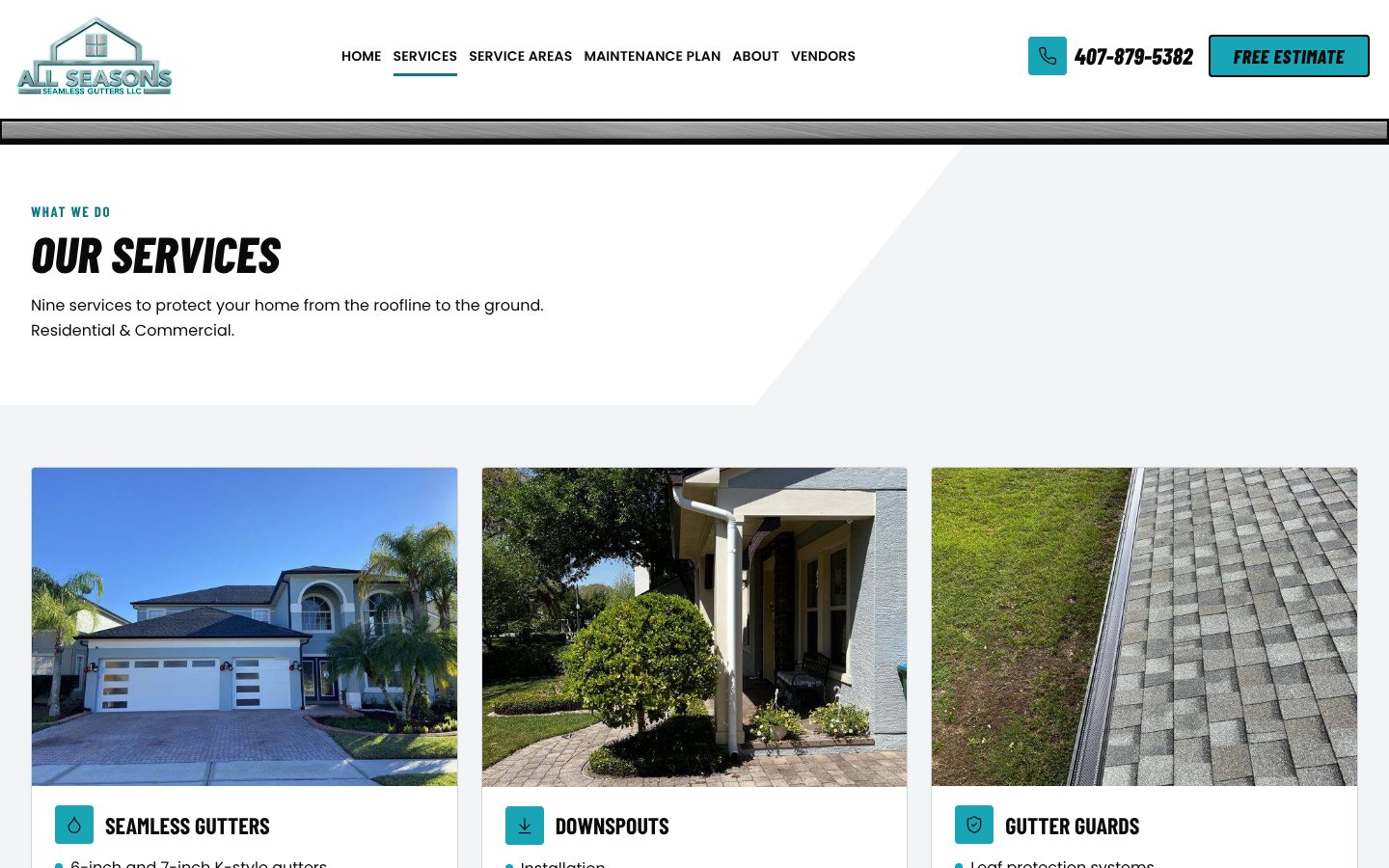 The All Seasons Services page with the brushed-metal header bar and teal accents