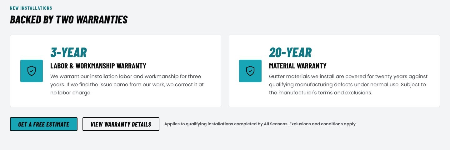 The All Seasons warranties section showing the 3-year labor and 20-year material warranties