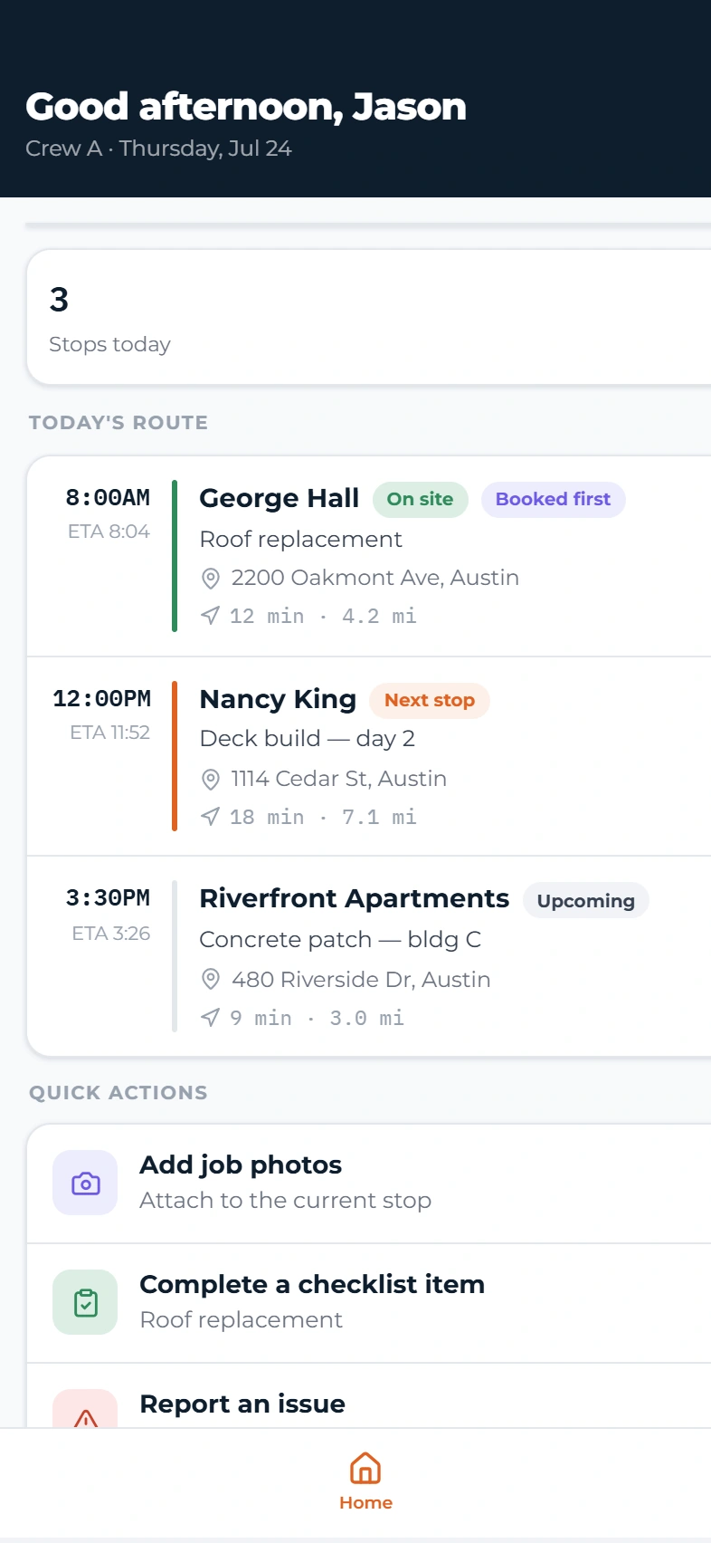 Backentra field app on a phone: today’s route with three stops, job details and quick actions